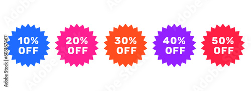 Set or collection of modern labels in various colors with discount offers ranging from -10% to -50%