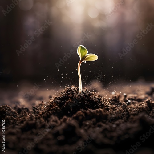 Hope for the continuation of life, the little sprout of a plant in the black earth, on which a ray of light falls as a symbol of salvation