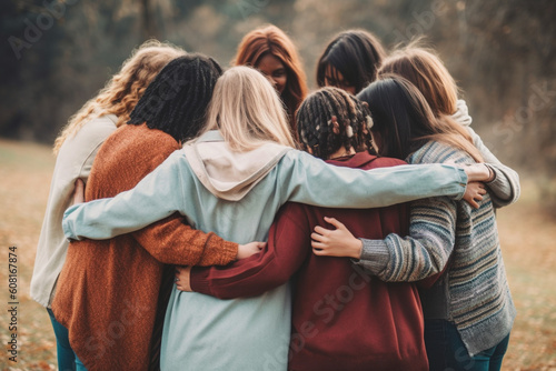 Foto A supportive group of friends embracing each other, mental health Generative AI