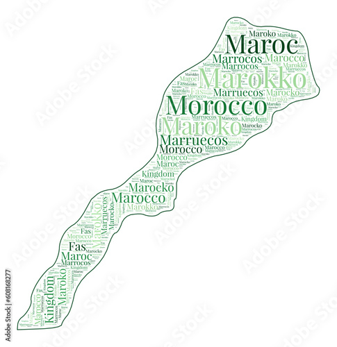 Morocco shape filled with country name in many languages. Morocco map in word cloud style. Cool vector illustration.