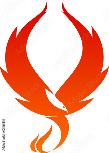 Phoenix rising from fire bird icon. Flying bird with flaming wings and tail, fantasy firebird, freedom concept vector symbol. Company emblem, freedom concept sign with fairytale flaming phoenix