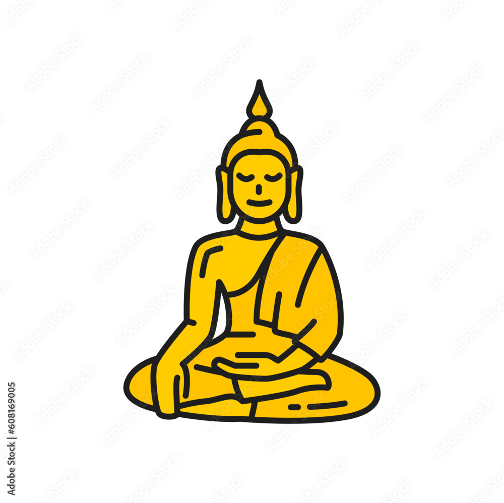 Tian Tan Buddha prayer in zen, meditating person golden statue. Vector buddhist prayer buddhism religion icon. Vector big Buddha, monk praying in lotus pose Tian Tan Buddha prayer in zen, meditating person golden statue. Vector buddhist prayer buddhism religion icon. Vector big Buddha, monk praying in lotus pose