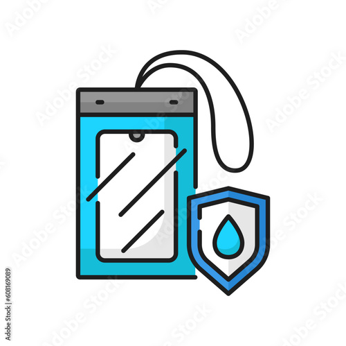 Waterproof case for smartphone, protection shield outline icon. Vector waterproof bag with shield, smartphone protection and defense pouch