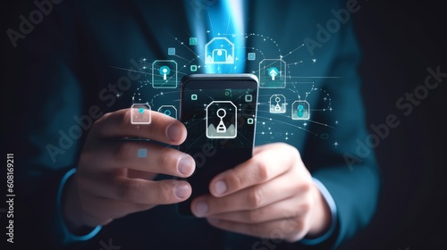 Cybersecurity and privacy concepts to protect data. Lock icon and internet network security technology. Businessman protecting personal data on smartphone, virtual screen interfaces. , Generative AI
