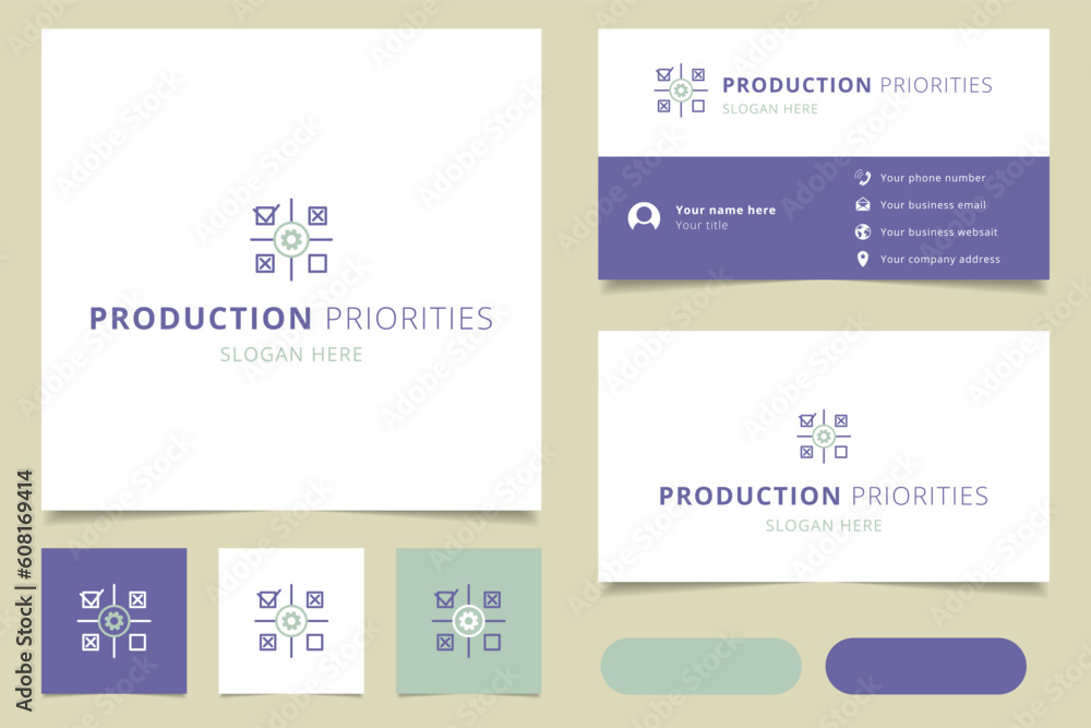 Production priorities logo design with editable slogan. Branding book and business card template.