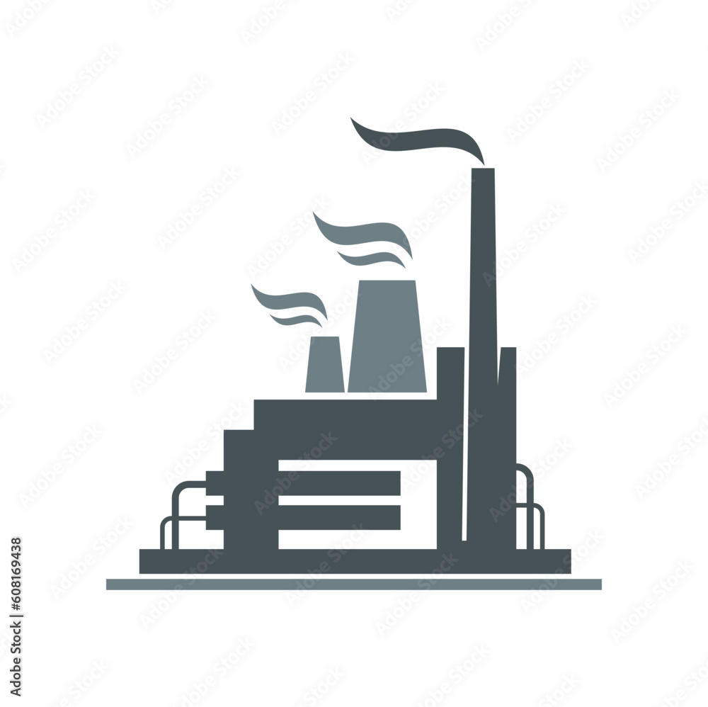 Obraz premium Factory icon with industrial plant building, vector power industry. Oil and gas production plant, refinery factory or nuclear power station isolated silhouette with smoke pipes, chimney and pipeline