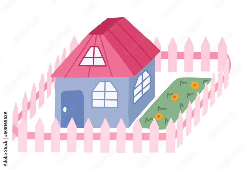 Cute hand drawn country house with door, window, attic. Cozy village cottage with fence, flowers for kid's bedroom or nursery design. Exterior of home, village buildings, countryside home landscape