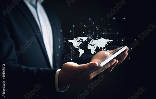 Customer Relationship Management, Businessman use tablet with global structure customer network technology, Data exchanges development. customer service, social media. digital marketing, Generative AI