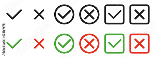 Checkmarks and crosses used as visual symbols for indicating completion or confirmation checkmarks or rejection or error crosses. Checkmarks, crosses, symbols.