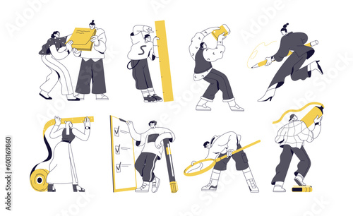Tiny characters holding big stationery tools set. People with huge pencil, pen, paper, ruler, clipboard, magnifier and marker in hands. Flat graphic vector illustrations isolated on white background