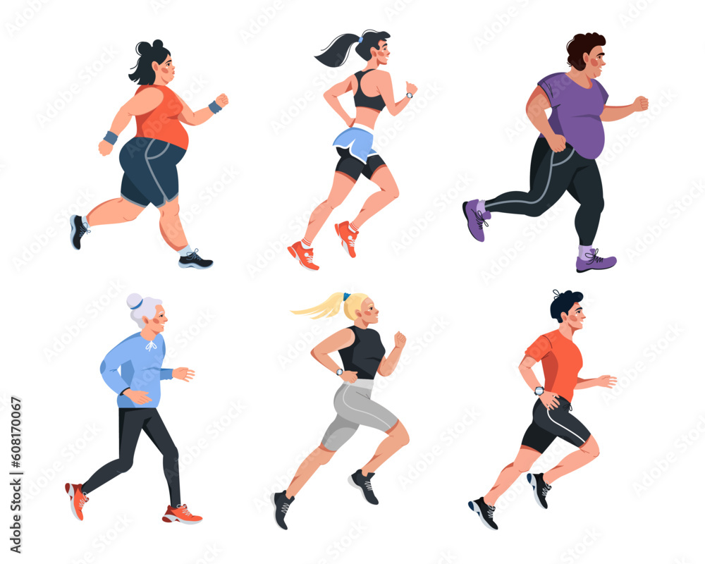 Young running athletic women and men of diversity nationalities and physiques. A collection of running people. The concept of a healthy lifestyle. Vector flat set isolated on a white background
