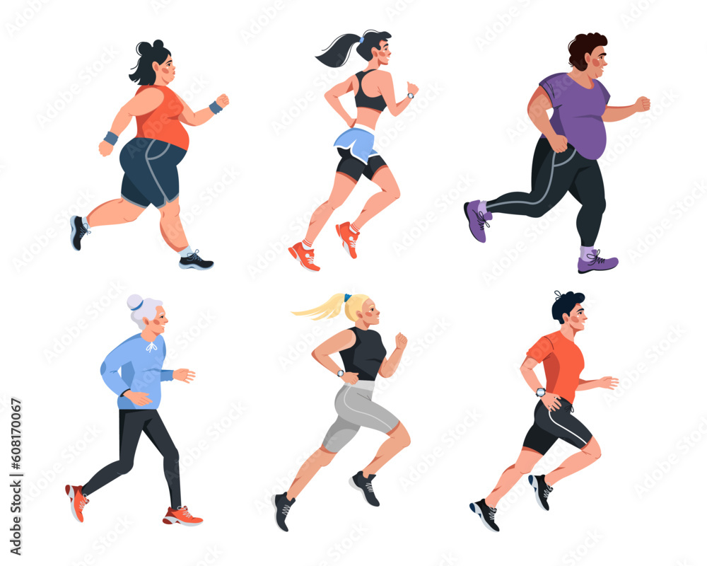 Naklejka premium Young running athletic women and men of diversity nationalities and physiques. A collection of running people. The concept of a healthy lifestyle. Vector flat set isolated on a white background