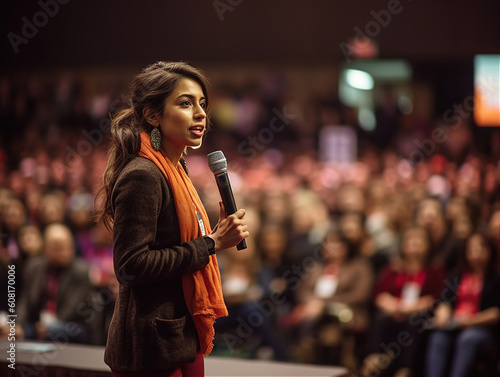 Foto A_woman_confidently_speaking_on_stage
