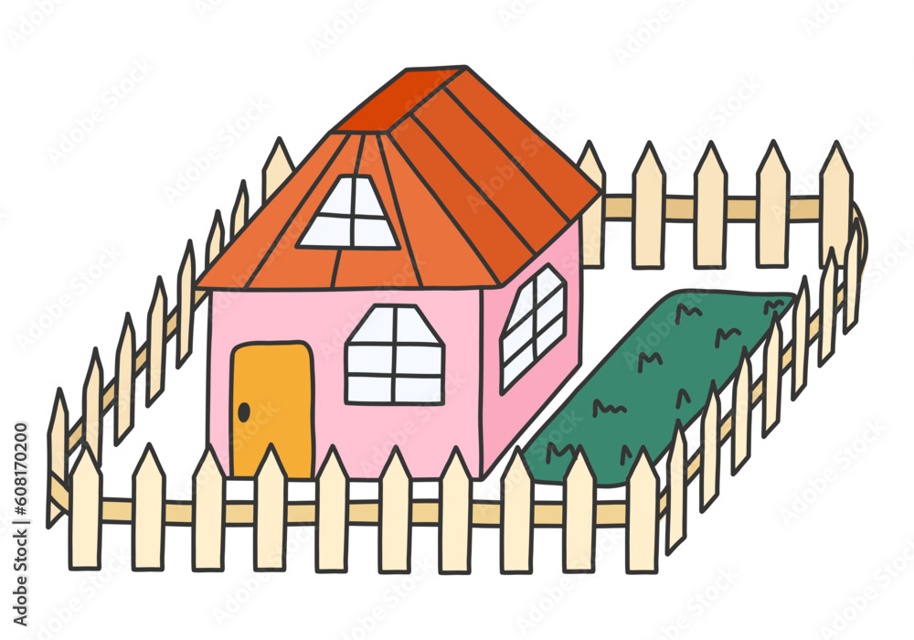 Cute hand drawn country house with door, window, attic. Cozy village cottage with fence, flowers for kid's bedroom or nursery design. Exterior of home, village buildings, countryside home landscape Cute hand drawn country house with door, window, attic. Cozy village cottage with fence, flowers for kid's bedroom or nursery design. Exterior of home, village buildings, countryside home landscape