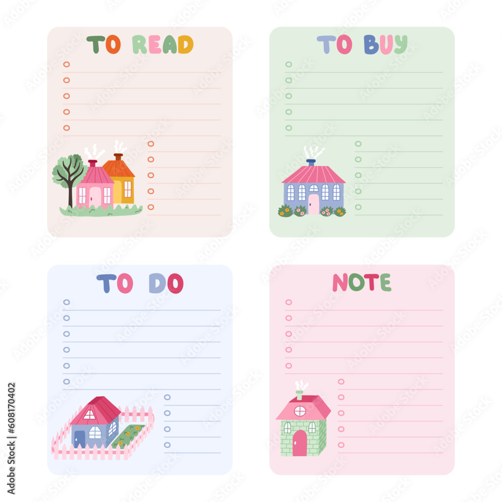 Cute scrapbook templates for planner. Notes, to do, to buy and other with colorful drawn clipart of cute little country house. With printable, editable illustrations. For school, university schedule.