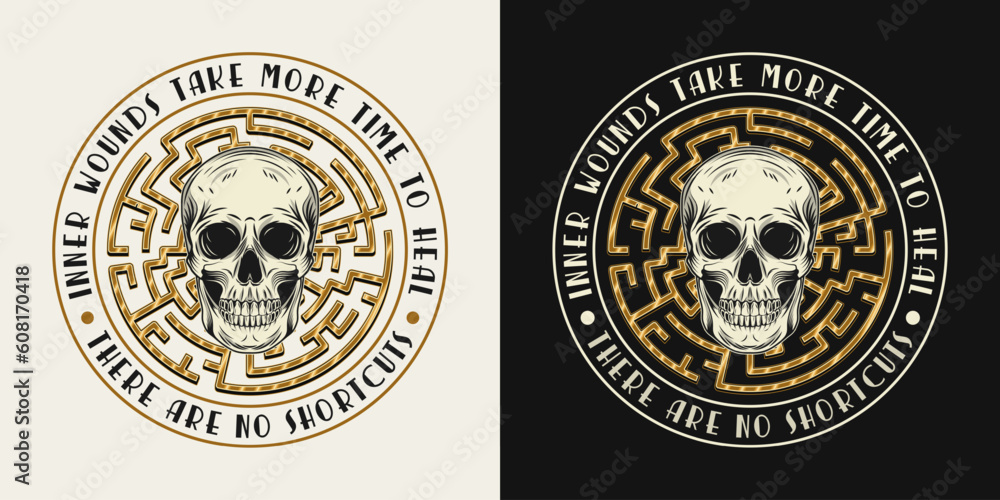 Label with human skull, labyrinth, text. Concept of mental health, wellness, expanded mind, psychic abilities. Mystical surreal illustration. For prints, clothing, t shirt, textile, surface design Label with human skull, labyrinth, text. Concept of mental health, wellness, expanded mind, psychic abilities. Mystical surreal illustration. For prints, clothing, t shirt, textile, surface design