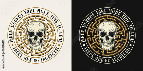 Label with human skull, labyrinth, text. Concept of mental health, wellness, expanded mind, psychic abilities. Mystical surreal illustration. For prints, clothing, t shirt, textile, surface design