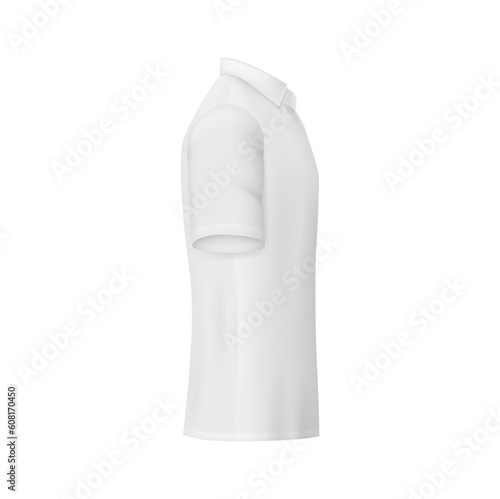 White men shirt or polo mockup, 3d vector male dress with short sleeves side view. Isolated vector classic mock up with fabric texture, collar and tailored fit. Apparel design for casual office wear