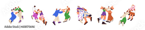 Happy people meeting, hugging, going toward. Excited characters glad to see each other. Bonding relationship, couples, friends reunion. Flat graphic vector illustrations isolated on white background