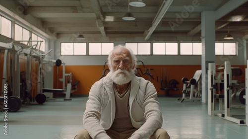Elderly bodybuilder in a gym, bearded, healthy, motivated, generative ia