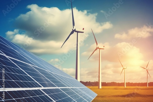 Clean Energy Vision: Solar Panels and Wind Generators Amidst Cloudy Skies, Generated Ai