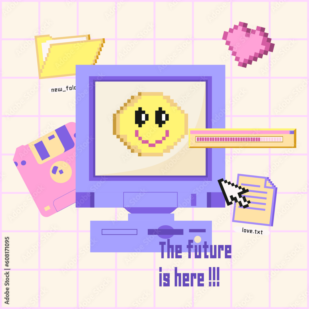 Naklejka premium Old pc groovy game 90s aesthetic. Pixel icons, diskette, joystick, dialog boxes. Set of vaporwave and retrowave style elements.