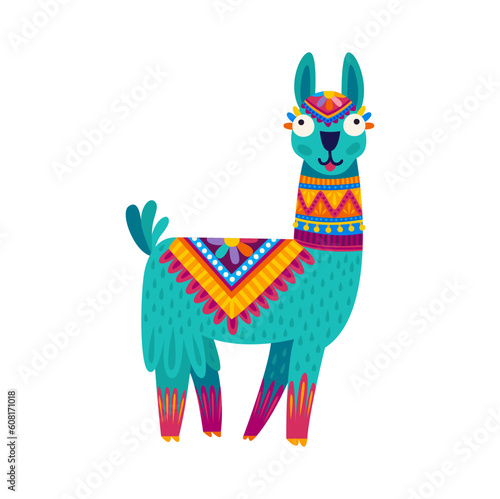 Funny green alpaca, llama cartoon character with ethnic design accessories. Vector smiling llama with big eyes, peruvian or mexican animal personage