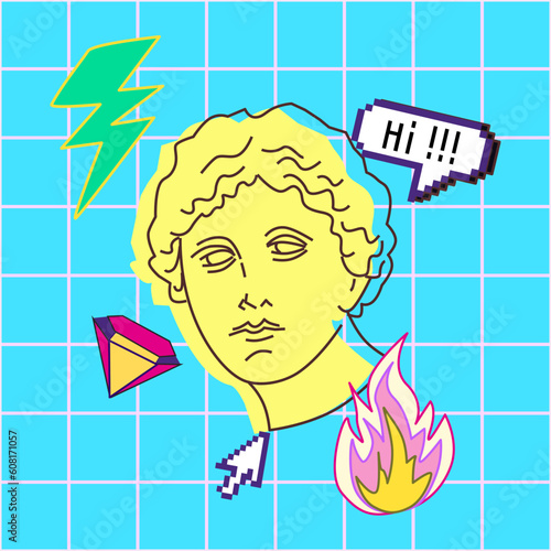 Y2k and old pc aesthetic Greek female statue head. Fun Concept with ancient sculpture and pixel art on retro background. Graphic in 90's style.