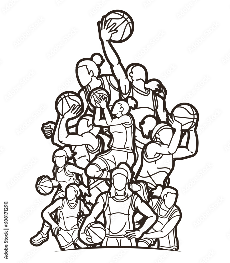 Basketball Female Players Mix Action Cartoon Sport Team Graphic Vector