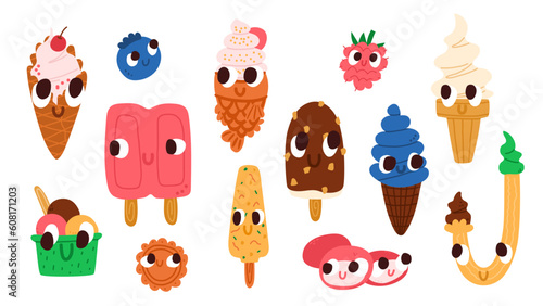 Set of funny various ice cream characters. Vector cartoon illustrations for kids products design. Soft serve, mochi ice cream, kulfi, J cone ice cream. 