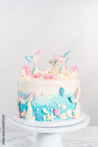 Mermaid themed 3 layer vanilla cake