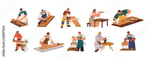 Woodwork, carpentry set. Carpenters, joiners work with wood, timber, carving, processing, sawing, making wooden furniture with tools. Flat graphic vector illustrations isolated on white background