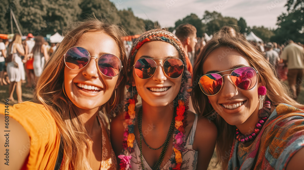 A fictional person. Smiling friends at summer music festival, posing for selfie A fictional person. Smiling friends at summer music festival, posing for selfie