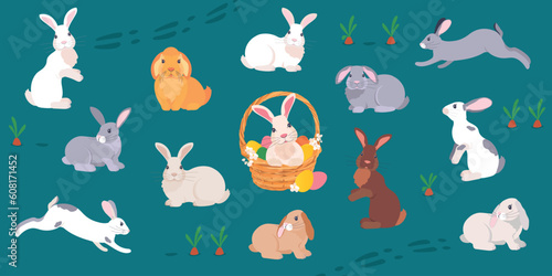 A large set of cartoon rabbits. Sitting and running bunnies. Vector illustration with symbols of the Christian holiday. Easter basket with eggs and flowers.