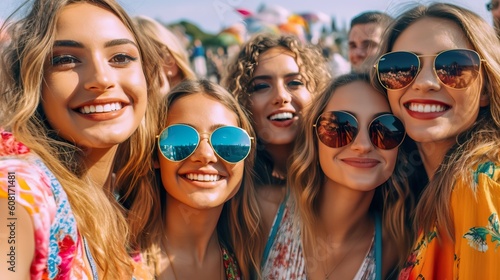 A fictional person.  Smiling friends at summer music festival, posing for selfie © Dangubic