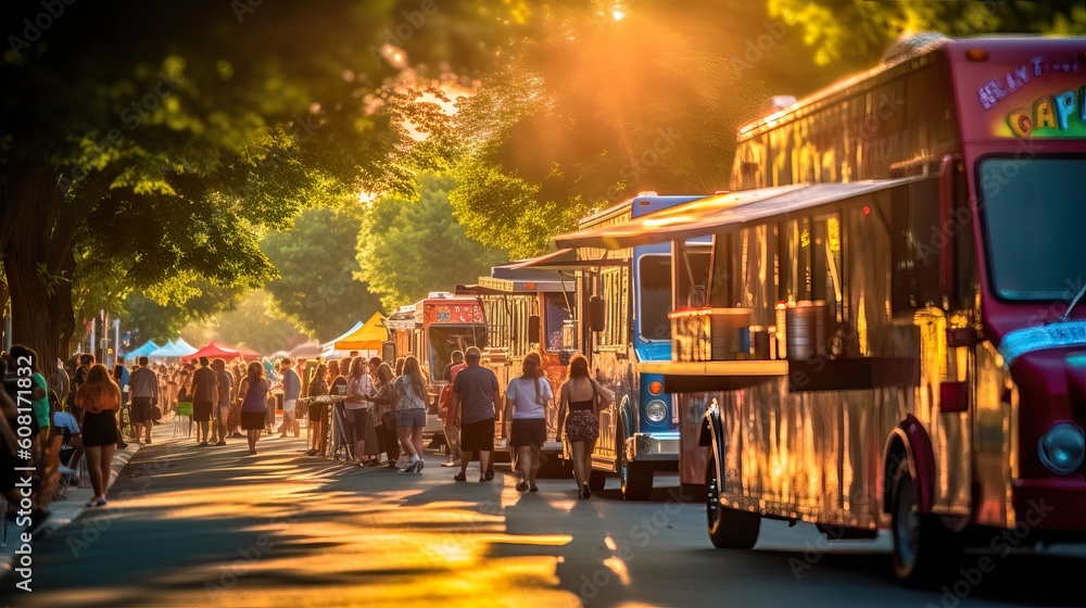 Obraz premium A fictional person. Vibrant Food Truck Area at Bustling Summer Music Festival