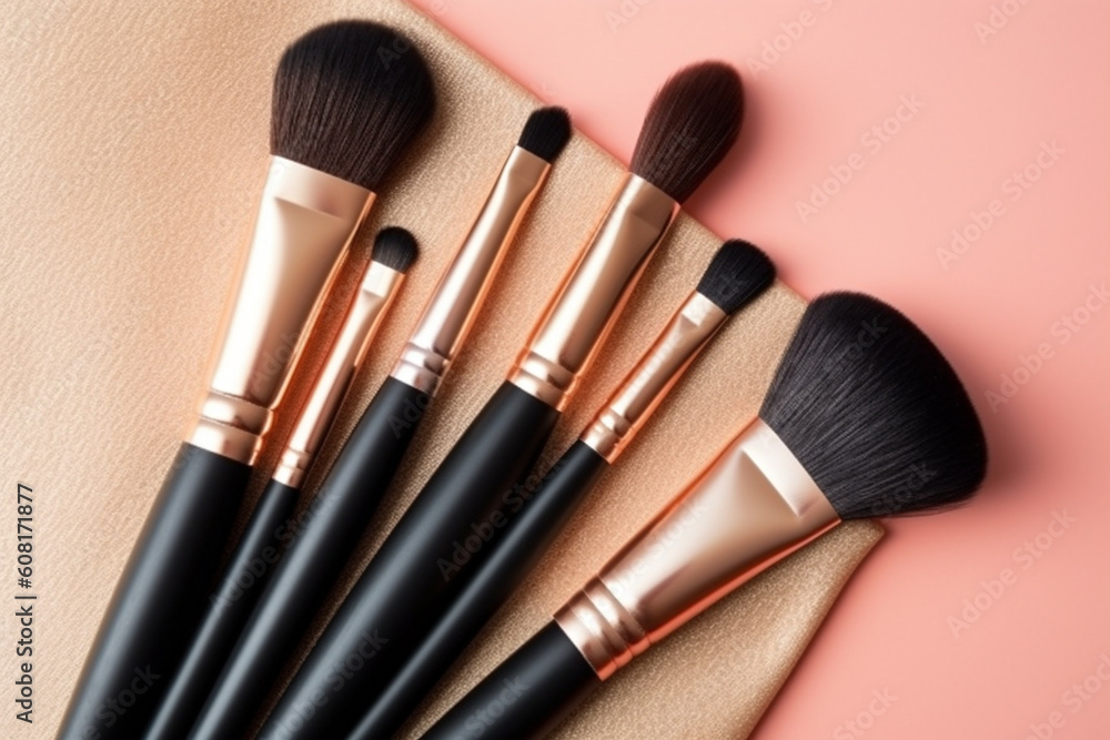 A set of makeup brush on a solid background, Generative AI A set of makeup brush on a solid background, Generative AI