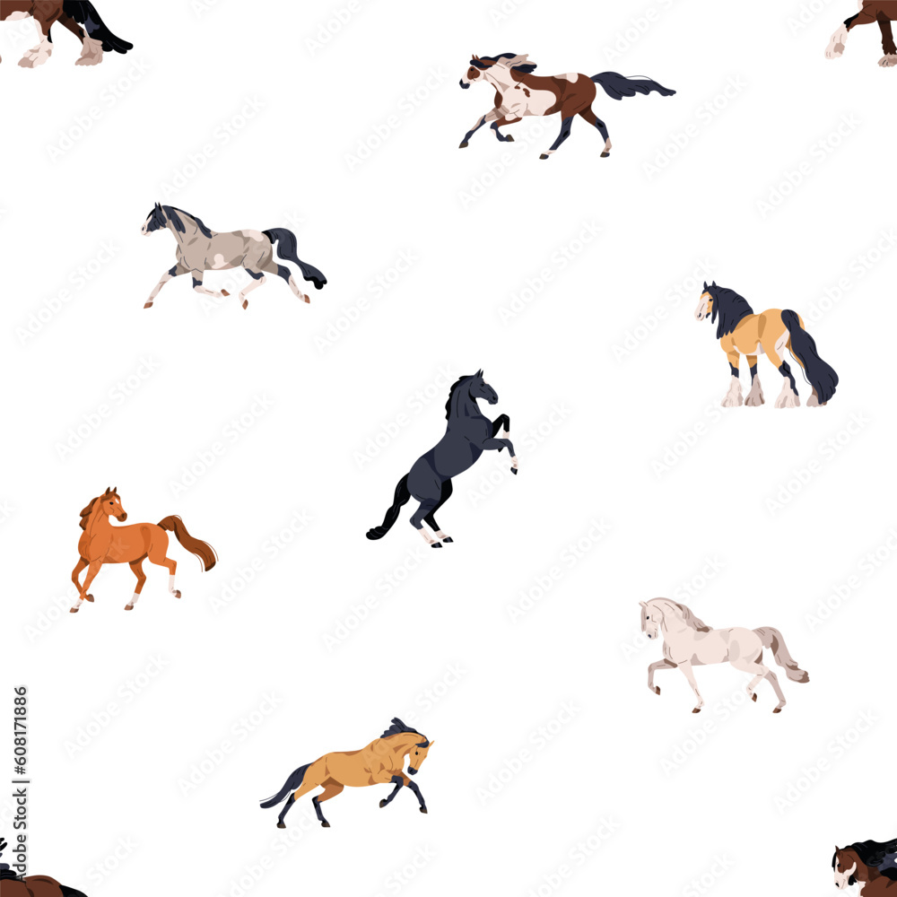 Horses, seamless pattern design. Stallion breeds, endless background. Steeds animals in action, motion, repeating print. Colored flat vector illustration for decoration, wallpaper, wrapping, textile