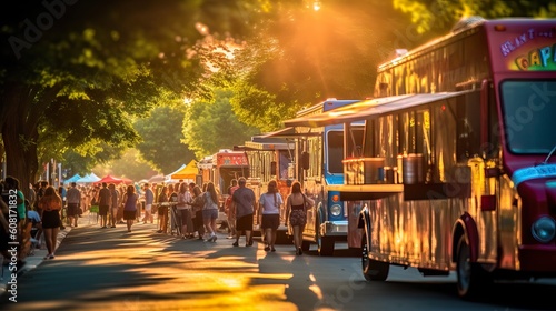 A fictional person.  Vibrant Food Truck Area at Bustling Summer Music Festival