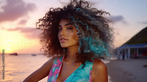 stylish girl in blue dress is standing with flying hair from wind at sunset on beach and sea Generative AI