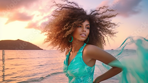 stylish girl in blue dress is standing with flying hair from wind at sunset on beach and sea Generative AI