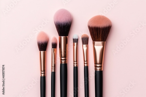 A set of makeup brush on a solid background, Generative AI