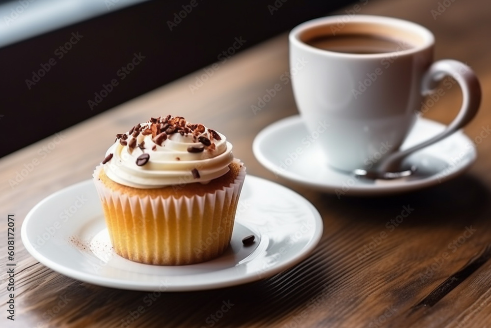 Cup cake and a cup of coffee on a wooden table, Generative AI Cup cake and a cup of coffee on a wooden table, Generative AI