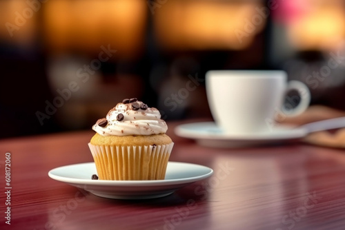 Cup cake and a cup of coffee on a wooden table, Generative AI