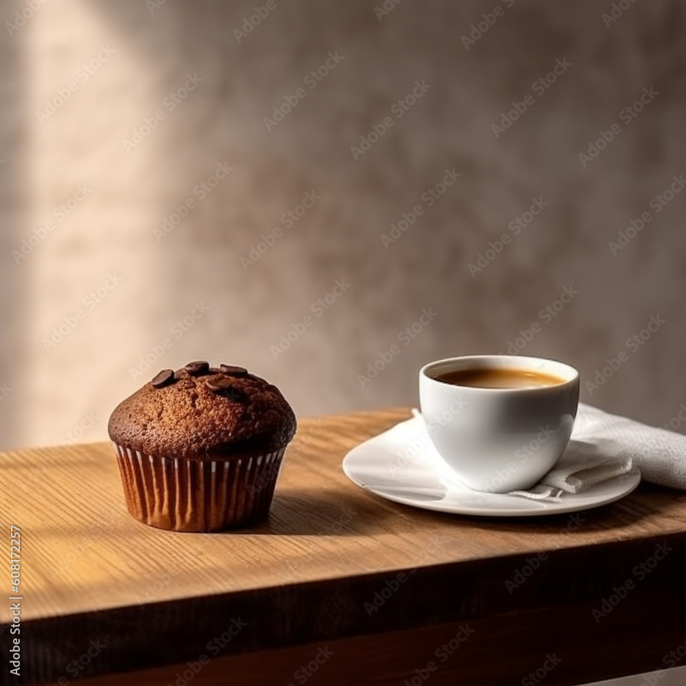 Muffins and a cup of coffee on a wooden table, Generative AI Muffins and a cup of coffee on a wooden table, Generative AI