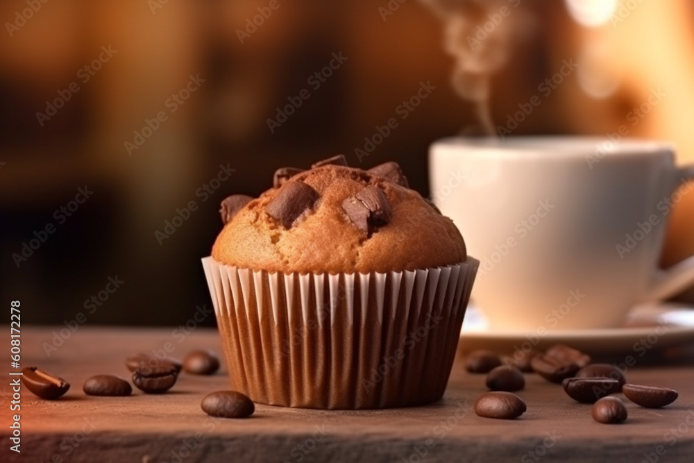 Muffins and a cup of coffee on a wooden table, Generative AI Muffins and a cup of coffee on a wooden table, Generative AI