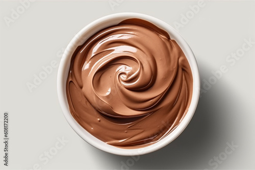 Melted chocolate in a white glass bowl, creamy pure cocoa top view