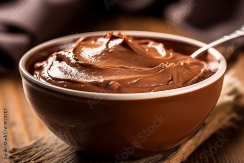 Melted chocolate in bowl on wooden table, Generative AI