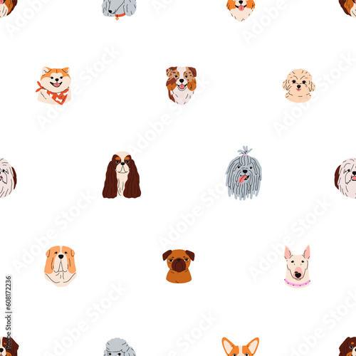 Cute dogs faces, seamless pattern. Funny puppies heads, endless background. C...