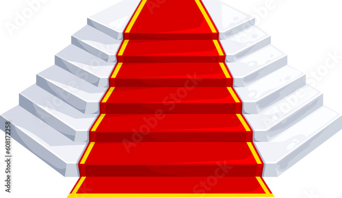 Castle and palace staircase. Marble stairs with red carpet, vector element of interior. Cartoon staircase of medieval royal castle, fairy or fantasy kingdom palace. White stone stairway front view